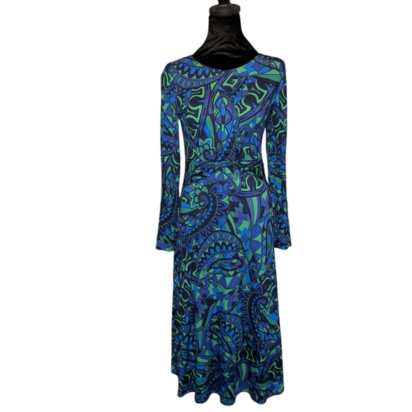 Boden Nancy Ponte Midi Dress Size 4P Blue Green Long Sleeve Bright Twist - Picture 2 of 10